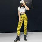 High-waist Plaid Jogger Pants With Suspender