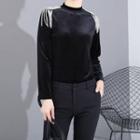 Plain Stand-collar Long-sleeve T Shirt Black - One Size