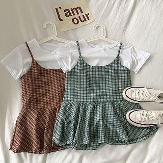 Set:plain Crewneck Short-sleeve Top + Plaid Sleeveless Top
