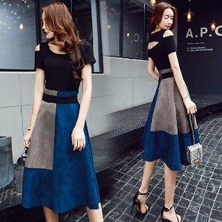 Set: Short-sleeve Cutout Top + Color-block A-line Skirt