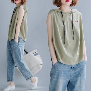 Fish Bone Print Hooded Sleeveless T-shirt Pea Green - One Size