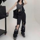 Crop Tank Top / Distressed Dungaree Pants