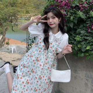 Floral Print Pinafore Dress / Short-sleeve Blouse