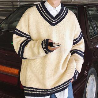 V-neck Color-block Knit Sweater