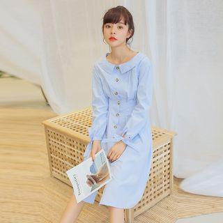 Long-sleeve Drawstring Plain Shirt Dress