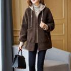 Hooded Letter Embroidered Faux Shearling Zip Jacket