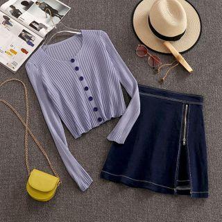 Set: Ribbed Cardigan + Denim Skirt