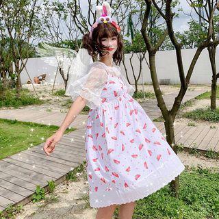 Elbow-sleeve Ruffled Lace Top / Spaghetti Strap Watermelon Print A-line Dress