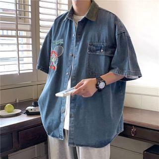 Short-sleeve Badminton Embroidered Denim Shirt