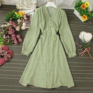 Dotted V-neck Button Midi A-line Dress