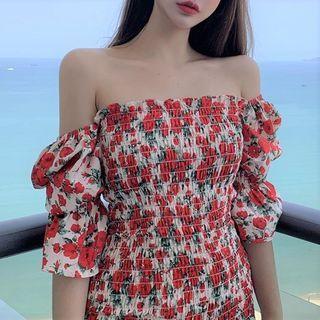 Short-sleeve Shirred Floral Print Mini Bodycon Dress Red - One Size
