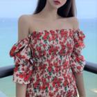 Short-sleeve Shirred Floral Print Mini Bodycon Dress Red - One Size