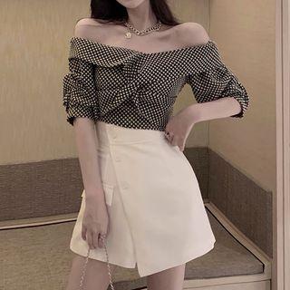 Off-shoulder Patterned Blouse / High-waist Mini A-line Skort