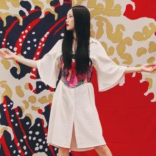 3/4-sleeve Printed Shirt Dress Milky White - One Size