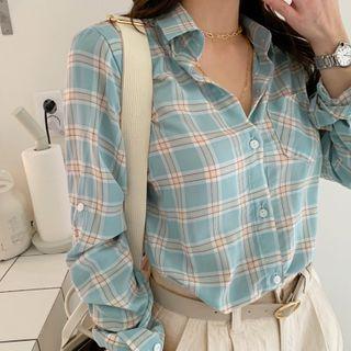 Roll-up Sleeve Plaid Shirt Sky Blue - One Size