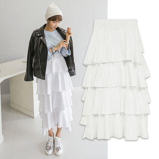 Band-waist Ruffled Midi Skirt