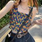 Floral Cropped Tank Top / High Waist Wide Leg Jeans
