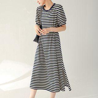 Puff-sleeve Striped Midi T-shirt Dress