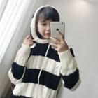 Striped Cable-knit Hooded Sweater