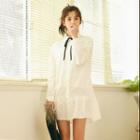 Long-sleeve Lace Mini Shirt Dress White - One Size
