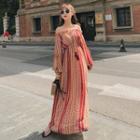 Patterned Off Shoulder Long Sleeve Chiffon Dress