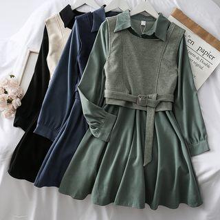 Set: Corduroy Vest With Belt + Shirtdress
