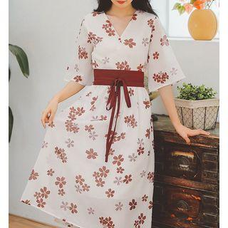Elbow-sleeve Flower Printed Chiffon Dress