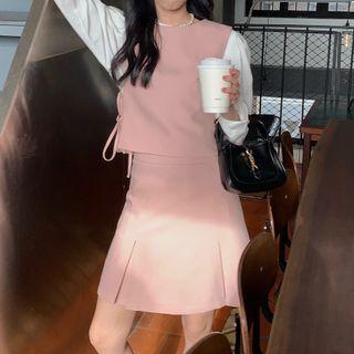 Plain Blouse / Lace Up Vest / Mini A-line Skirt / Set