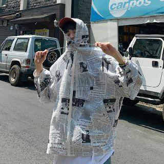 Hooded Newspaper Print Zip Jacket