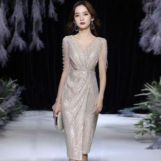 Sleeveless Chained Sequin Sheath Dress