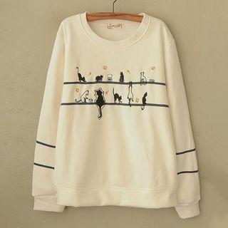 Cat Embroidered Pullover Off-white - One Size