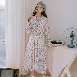 Floral Long-sleeve Tie-neck Midi Dress