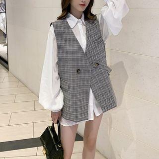 Long-sleeve Shirt / Plaid Double-breasted Vest / Plain Camisole Top