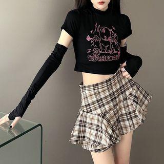 Short-sleeve Cartoon Print Crop Shirt / Arm Sleeves / Plaid A-line Skirt / Set