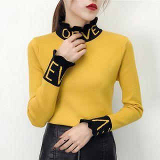Long-sleeve Mock-neck Colored-panel Knit Top
