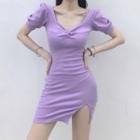 V-neck Puff-sleeve Slit Mini Sheath Dress