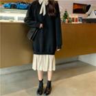 Long-sleeve Bow-accent Velvet Panel Dress Black - One Size