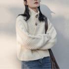 Turtleneck Cable-knit Cardigan Off-white - One Size