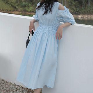 Cold Shoulder Tied-waist Plain Short Sleeve Dress