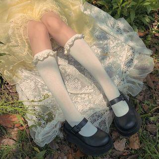 Silk Flower Trim Cotton Knee High Stockings