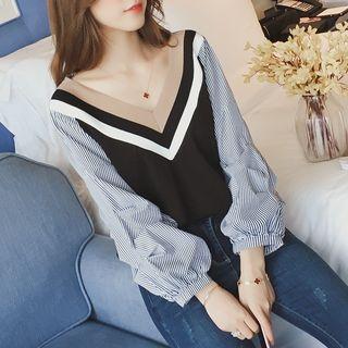 Long-sleeve Pinstriped Panel T-shirt