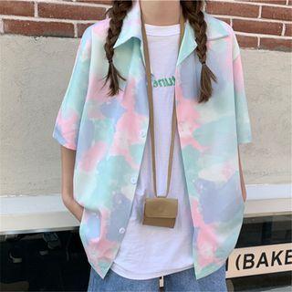 Printed Short-sleeve Button-up Shirt As Figure - One Size