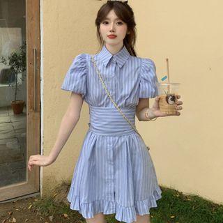 Puff-sleeve Ruffle Hem Striped Mini Shirtdress Stripe - Blue - One Size