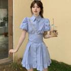 Puff-sleeve Ruffle Hem Striped Mini Shirtdress Stripe - Blue - One Size