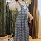 Puff-sleeve Paneled Plaid Midi A-line Dress