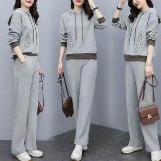 Set: Two-tone Embroidered Hoodie + Straight Leg Pants