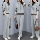 Set: Two-tone Embroidered Hoodie + Straight Leg Pants