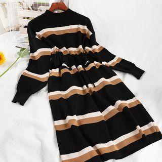 Long-sleeve Striped Mock-neck Midi Dress Black - One Size