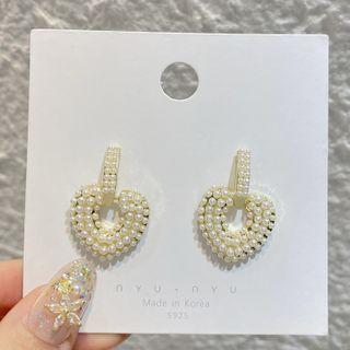 Heart Faux Pearl Dangle Earring E0137 - Silver Earring - White - One Size