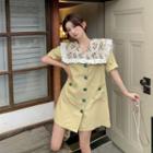 Puff Sleeve Ruffle Trim A-line Blazer Dress Yellow Dress - One Size